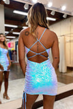 Stunning Blue Iridescent Sequins Lace-Up Sheath Homecoming Dress BM bride