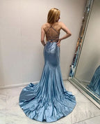 BMbride Blue Long Mermaid Evening Dresses with Glitter Criss-cross Straps Prom Dresses BMbride