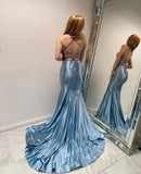 BMbride Blue Long Mermaid Evening Dresses with Glitter Criss-cross Straps Prom Dresses BMbride