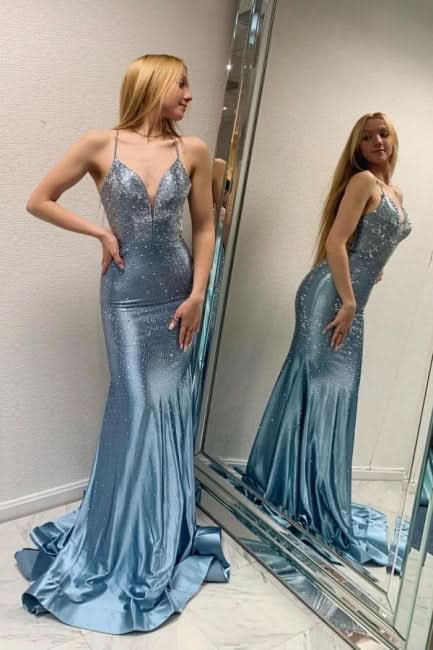 BMbride Blue Long Mermaid Evening Dresses with Glitter Criss-cross Straps Prom Dresses BMbride