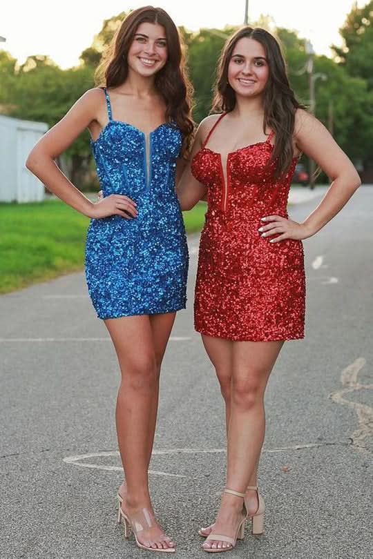 Sparkly Bodycon V Neck Elastic Satin Short Homecoming Dresses with Beading BM bride