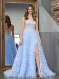 Stylish Sky Blue A-Line Tiered Sequins Tulle Long Prom Dress BM bride