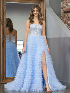 Stylish Sky Blue A-Line Tiered Sequins Tulle Long Prom Dress BM bride