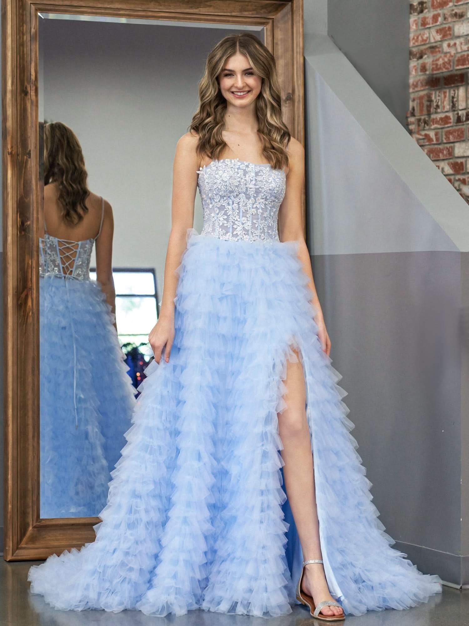 Stylish Sky Blue A-Line Tiered Sequins Tulle Long Prom Dress BM bride