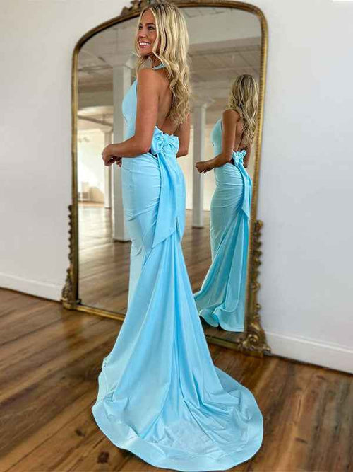 Light Blue Mermaid Halter Backless Long Prom Dress BMBRIDE