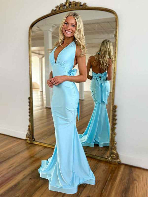 Light Blue Mermaid Halter Backless Long Prom Dress BMBRIDE