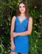 Sheath Short Homecoming Dress with Blue Beaded Plunging Neckline BM bride