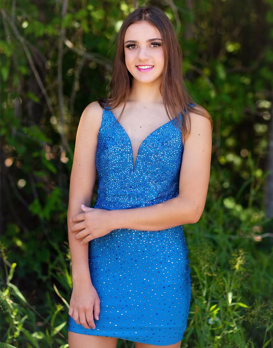 Sheath Short Homecoming Dress with Blue Beaded Plunging Neckline BM bride
