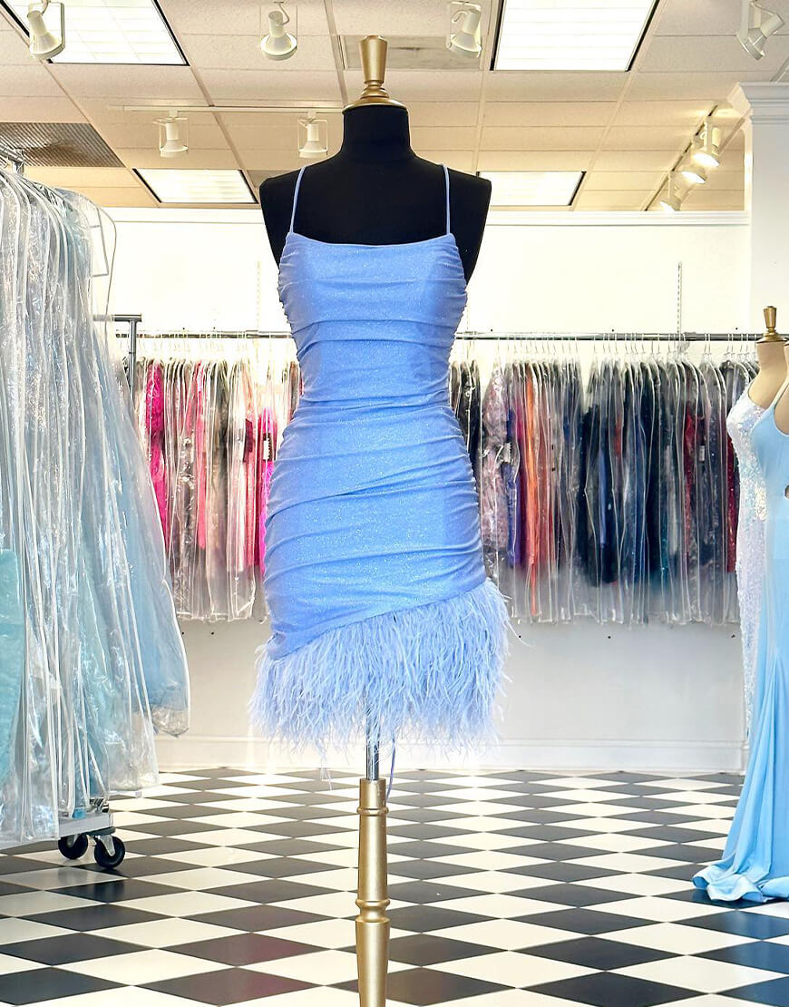 Gorgeous Sheath Blue Homecoming Dress with Feathers BM bride