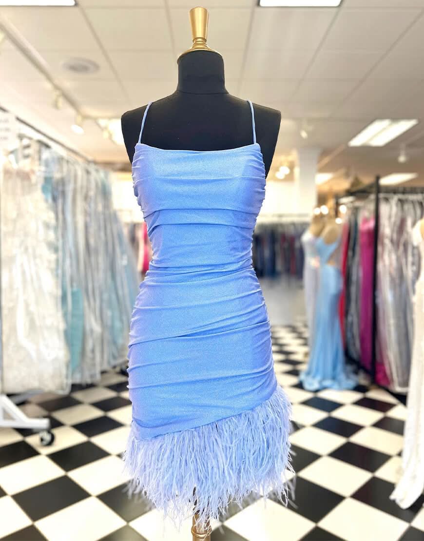 Gorgeous Sheath Blue Homecoming Dress with Feathers BM bride