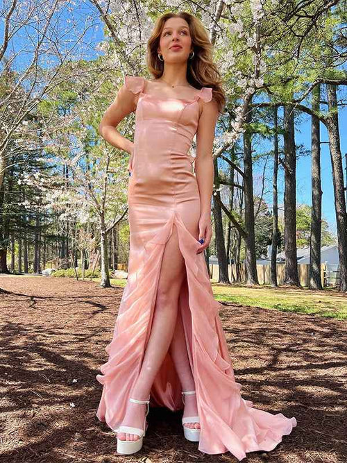 Blush Mermaid Spaghetti Straps Chiffon Long Prom Dress with Ruffles BMBRIDE