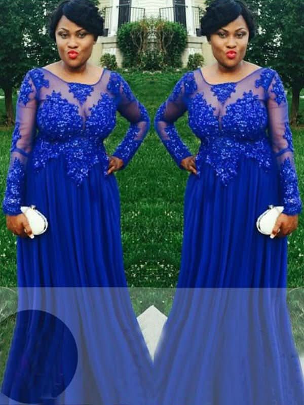 BMbride A - Line/Elegant Sheer Neck Long Sleeves Applique Floor - Length Chiffon Plus Size Prom Dresses - Bmbride