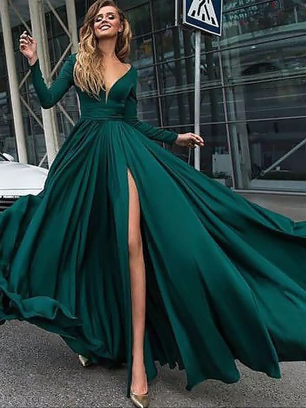 BMbride A - Line/Elegant V - Neck Long Sleeves Floor - Length Ruffles Satin Chiffon Prom Dresses - Bmbride