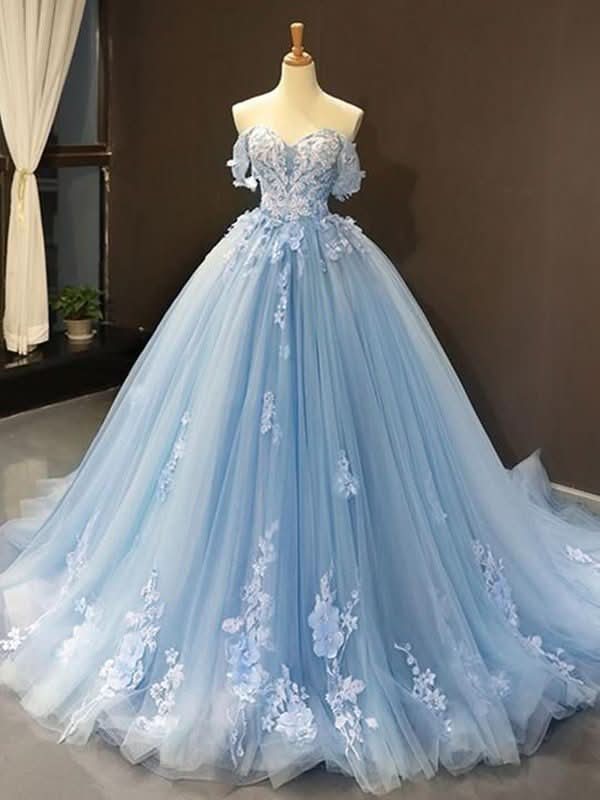 BMbride Ball Gown Tulle Off - the - Shoulder Sleeveless Applique Prom Dresses - Bmbride