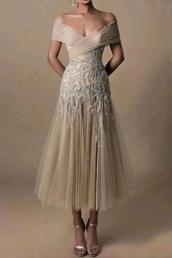 Bmbride Champagne Off - the - Shoulder Bride Dress With Appliques - BMbridal - Bmbride