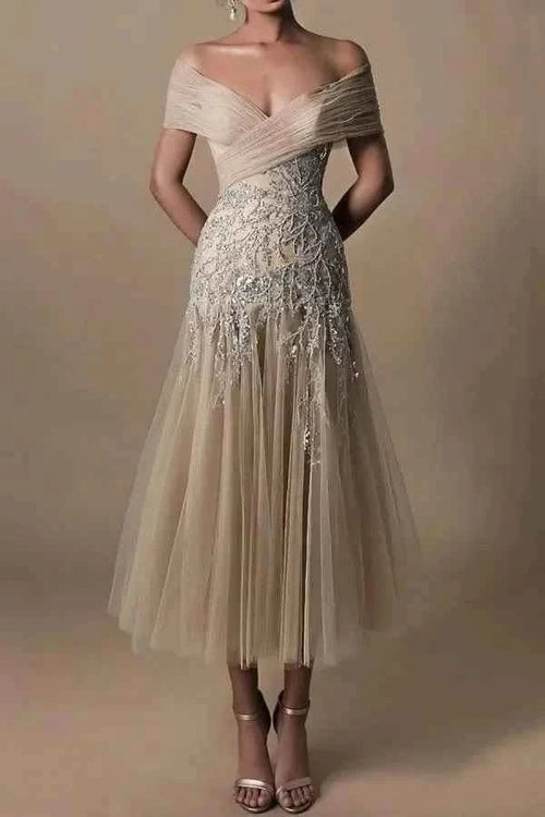 Bmbride Champagne Off-the-Shoulder Bride Dress With Appliques-BMbridal BMbride