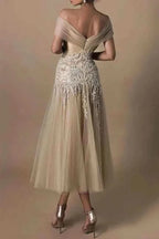 Bmbride Champagne Off - the - Shoulder Bride Dress With Appliques - BMbridal - Bmbride