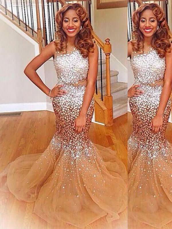 BMbride Gorgeous Mermaid Bateau Sleeveless Sequin Tulle Prom Dresses - Bmbride