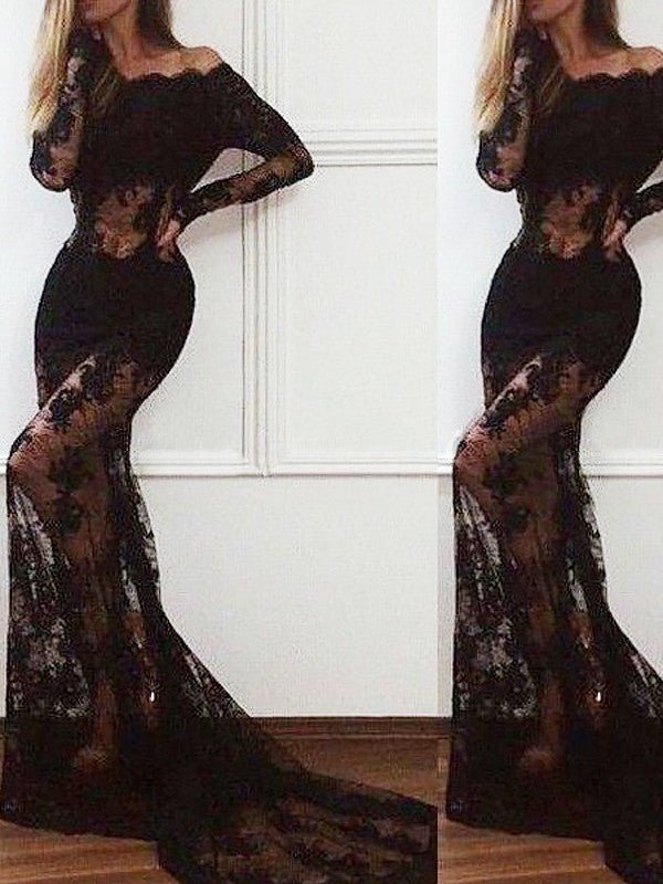 BMbride Gorgeous Mermaid Off - the - Shoulder Long Sleeves Lace Prom Dresses - Bmbride