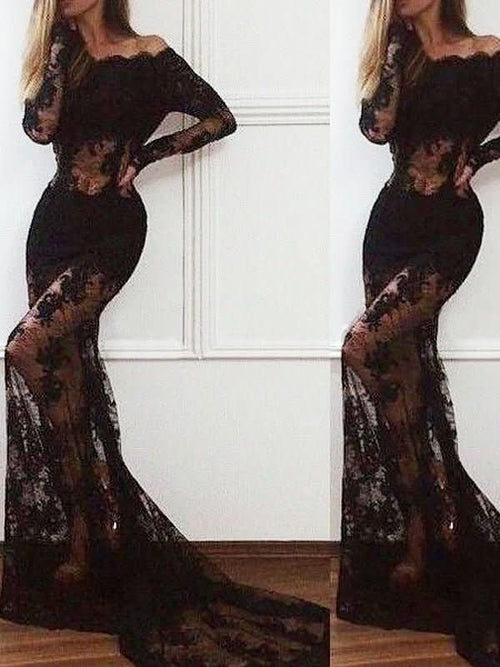 BMbride Gorgeous Mermaid Off-the-Shoulder Long Sleeves Lace Prom Dresses BMbride