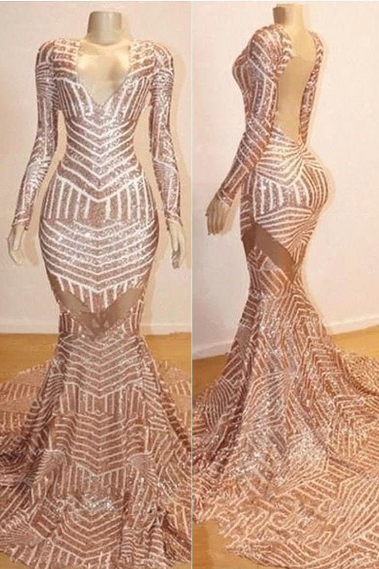 BMbride Mermaid Long Sleeves V - neck Sequined Sweep Train Prom Dresses - Bmbride