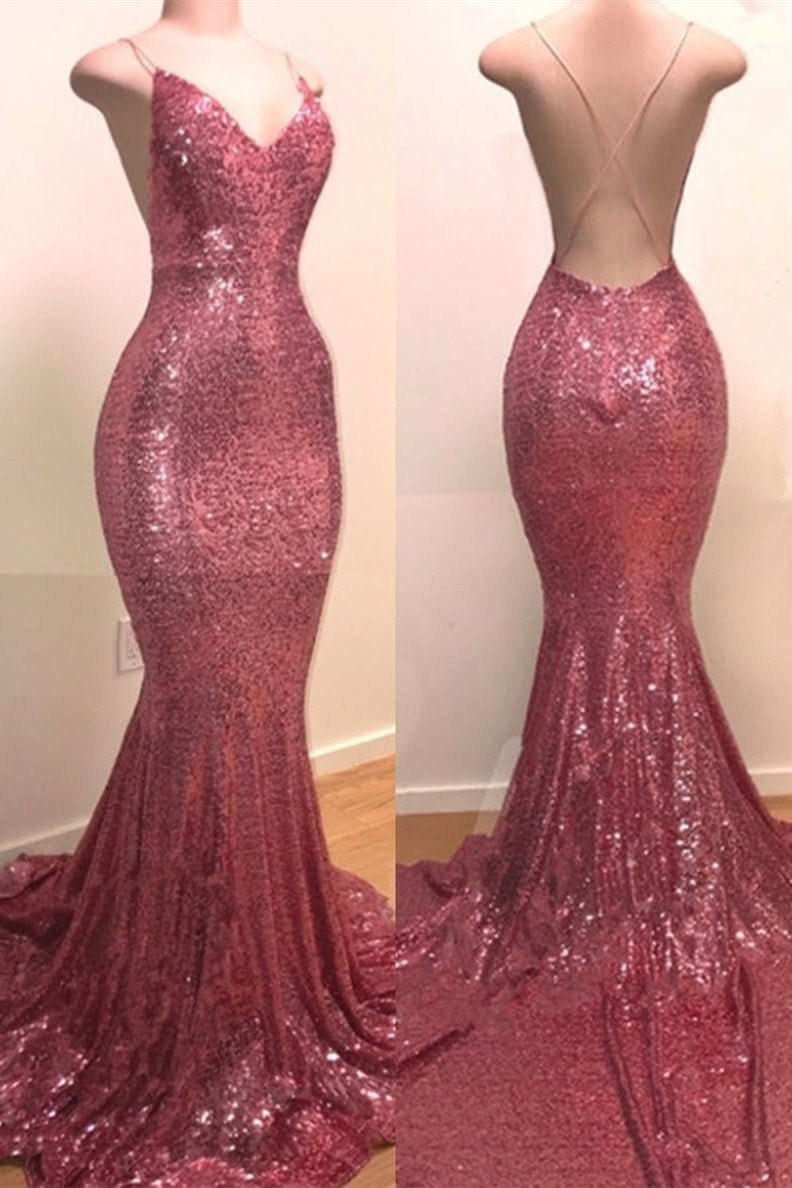 BMbride Sequins V - neck Sleeveless Spaghetti Backless Prom Dresses - Bmbride