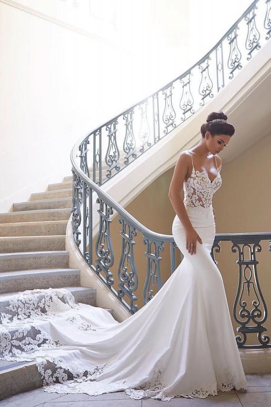 BMbride Sexy Spaghetti Strap Wedding Dress | Mermaid Chiffon Lace Bridal Gown - Bmbride
