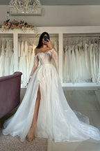 BMbride Vintage A - Line Tulle Lace Strapless Long Sleeve White Wedding Dresses With Split Front - Bmbride