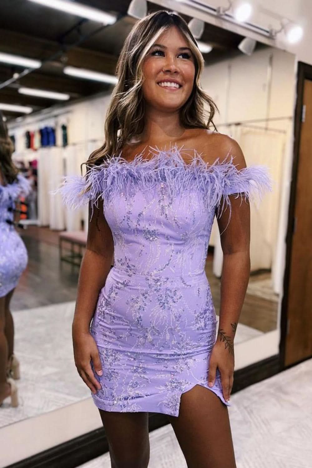 Enchanting Charming Lilac Off-The-Shoulder Homecoming Dress with Feather Accents BM bride