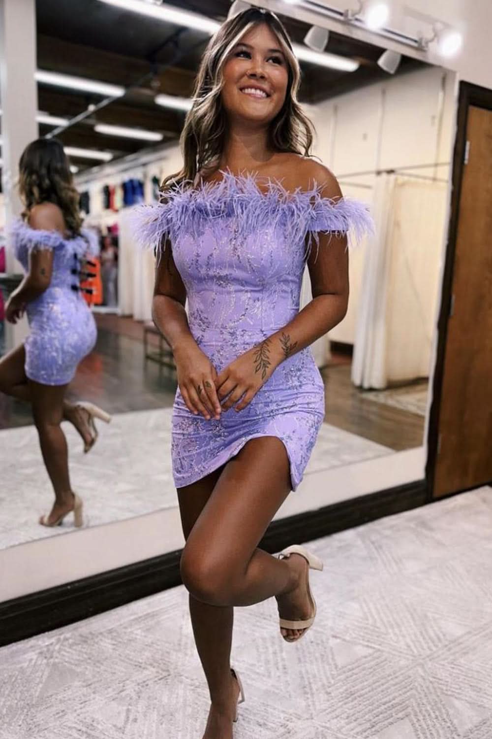 Enchanting Charming Lilac Off-The-Shoulder Homecoming Dress with Feather Accents BM bride