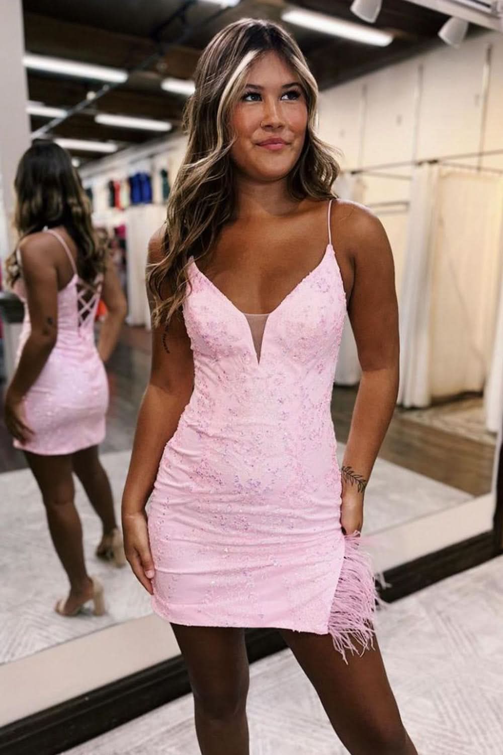 Stylish Lace Up Spaghetti Straps Short Bodycon Homecoming Dress with Split BM bride