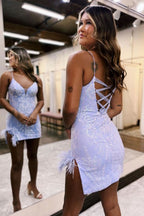 Stylish Lace Up Spaghetti Straps Short Bodycon Homecoming Dress with Split BM bride
