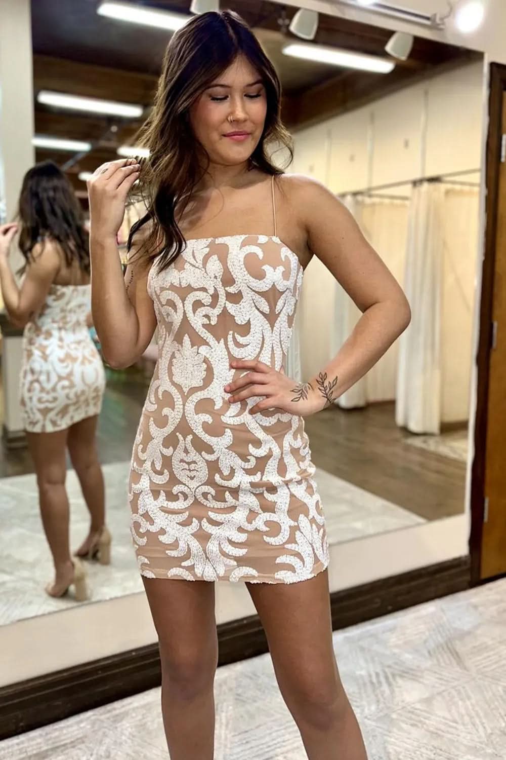 Bodycon Spaghetti Straps Dark Green Sequin Lace Short Homecoming Dress BM bride