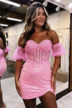 Bodycon Sparkly Sequin Strapless Short Homecoming Dress with Split BM bride