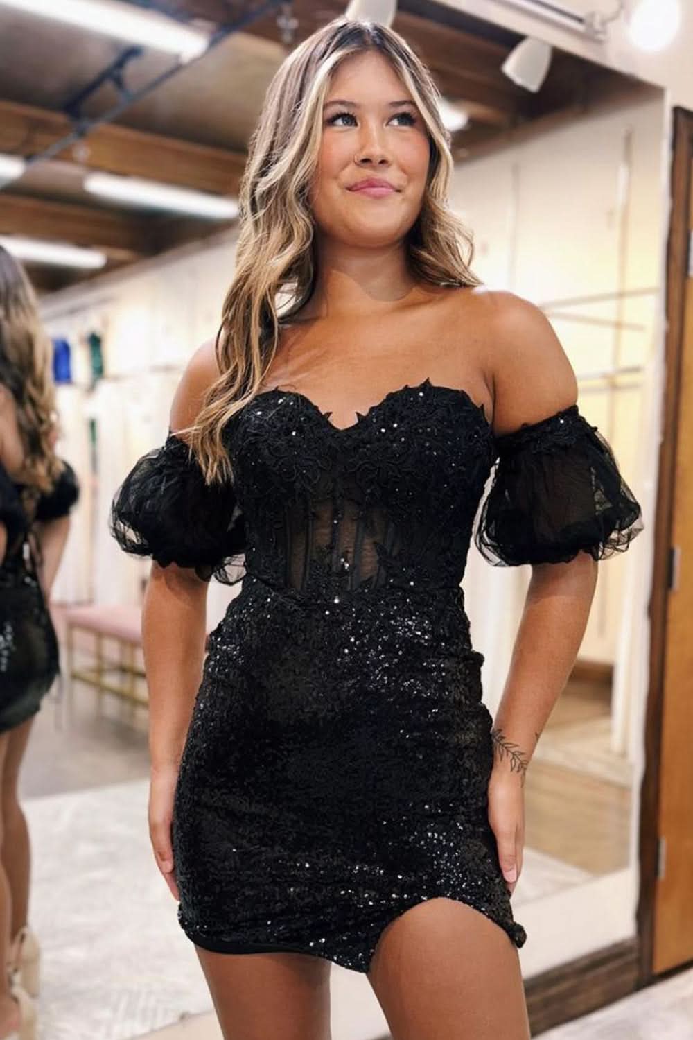 Bodycon Sparkly Sequin Strapless Short Homecoming Dress with Split BM bride