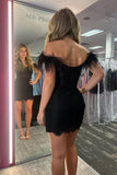 Chic Bodycon Sweetheart Black Lace Short Homecoming Dresses with Feather Accents BM bride
