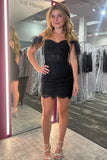 Chic Bodycon Sweetheart Black Lace Short Homecoming Dresses with Feather Accents BM bride