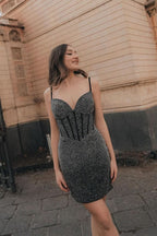 Bodycon V Neck Elastic Satin Short Homecoming Dresses with Beading BM bride
