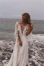 BMbride Boho A-Line Long Sleeves Backless Wedding Dresses With Lace BMbride