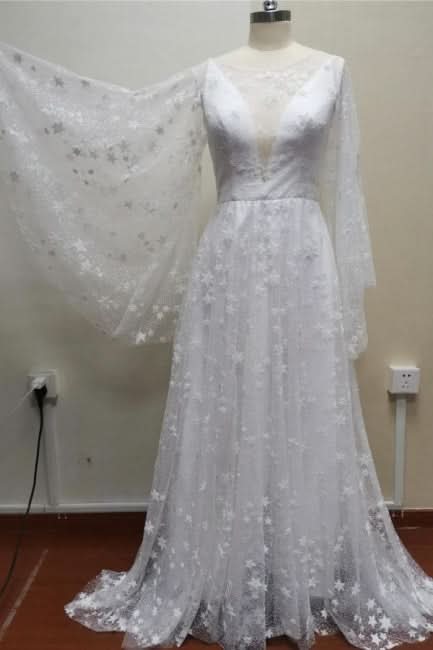 BMbride Boho A-Line Long Sleeves Backless Wedding Dresses With Lace BMbride