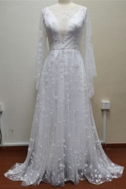 BMbride Boho A-Line Long Sleeves Backless Wedding Dresses With Lace BMbride
