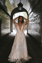BMbride Boho A-Line Long Sleeves Backless Wedding Dresses With Lace BMbride