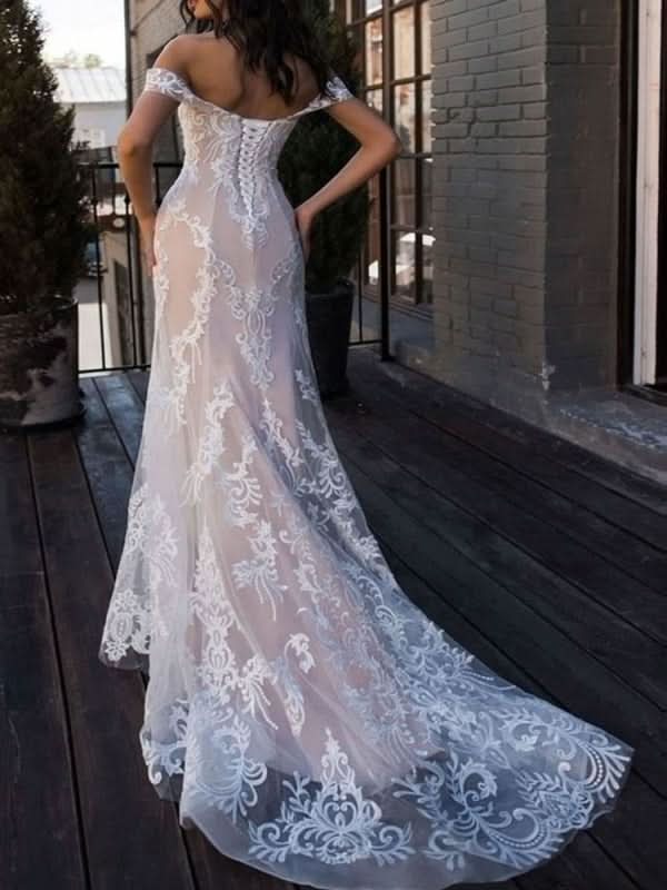 BMbride Boho Elegant Wedding Dresses Mermaid Off The Shoulder Customized Lace Short Sleeve Floor Length Bridal Gown With Sweep Train BMbride