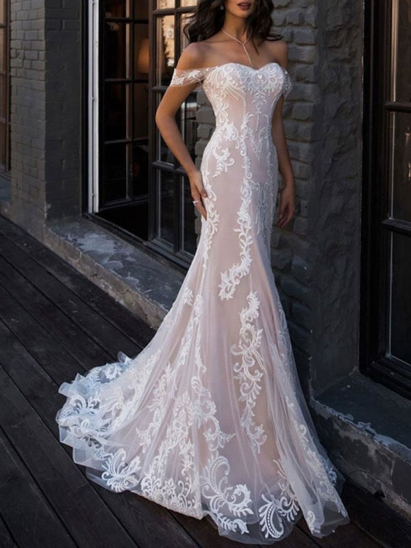 BMbride Boho Elegant Wedding Dresses Mermaid Off The Shoulder Customized Lace Short Sleeve Floor Length Bridal Gown With Sweep Train BMbride