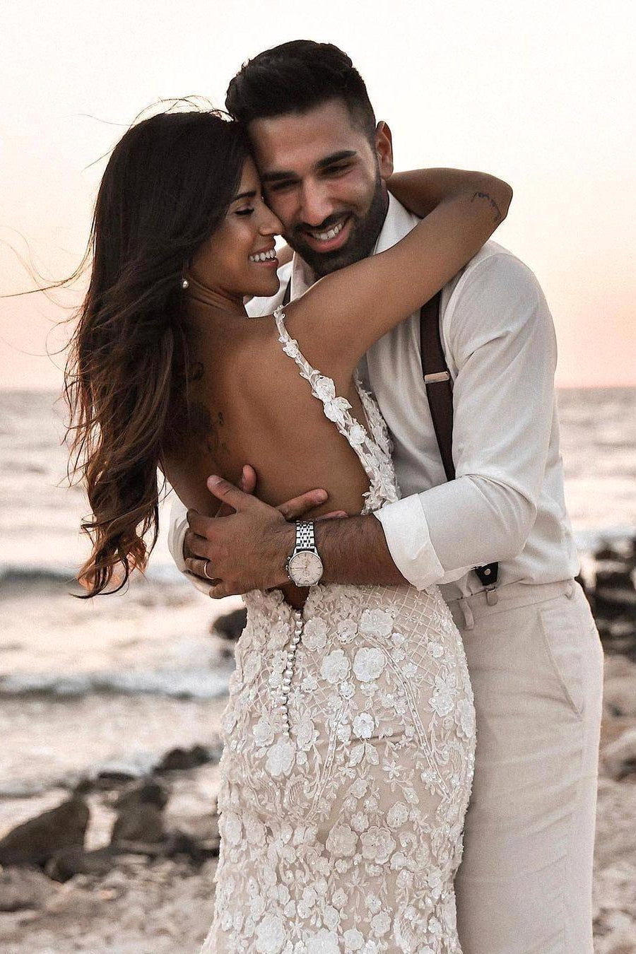BMbride Boho Sleeveless Floral Mermaid Wedding Dress Backless Bridal Gown BMbride