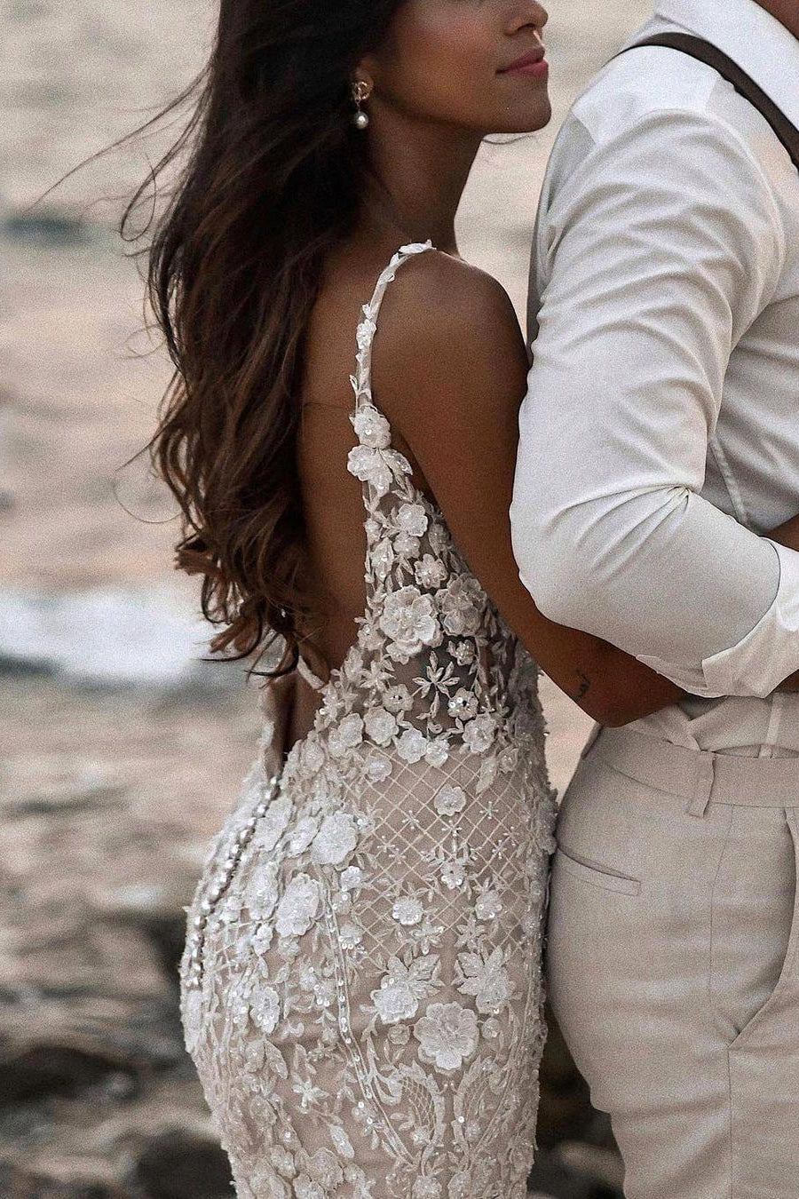 BMbride Boho Sleeveless Floral Mermaid Wedding Dress Backless Bridal Gown BMbride