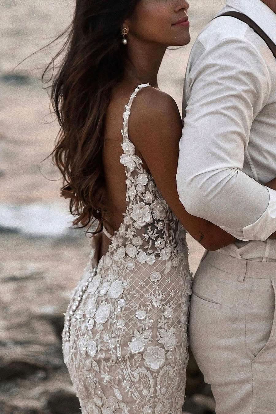 BMbride Boho Sleeveless Floral Mermaid Wedding Dress Backless Bridal Gown BMbride
