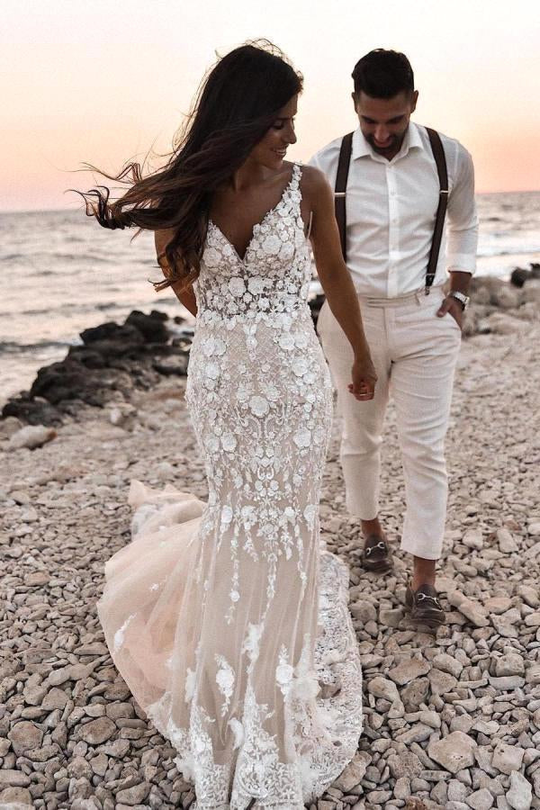 BMbride Boho Sleeveless Floral Mermaid Wedding Dress Backless Bridal Gown BMbride