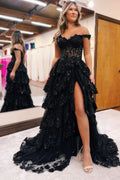 Dazzling Off-the-Shoulder Sweetheart Prom Dress with Layered Tulle and Appliques BM bride