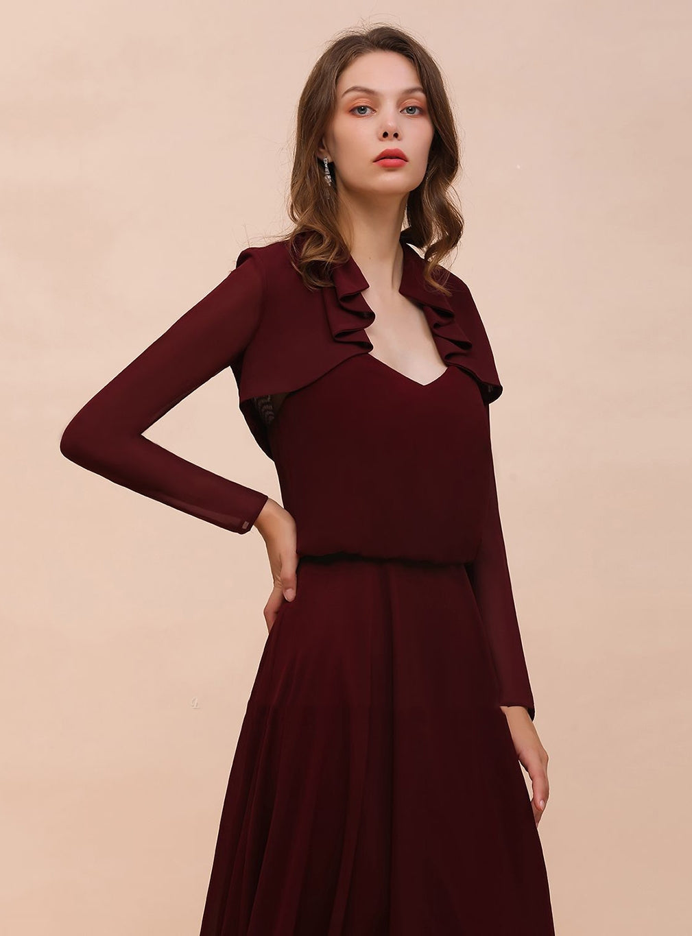 Burgundy Chiffon Ruffle Wraps with Long Sleeves BMbride